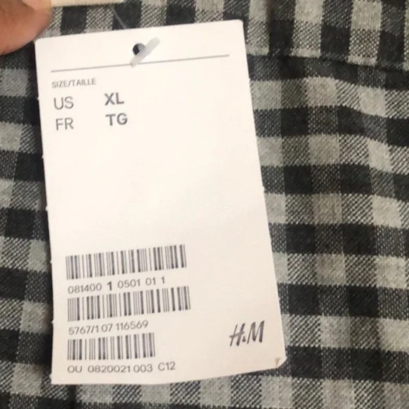 H & M Logo Men’s 100% Grey & Blk Plaid Casual Button Down Shirt Size XL NWT - Picture 4 of 14